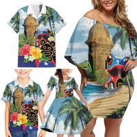 Personalized Boricua El Morro Family Matching Off Shoulder Short Dress and Hawaiian Shirt Puerto Rico Sun Coqui - Wonder Print Shop