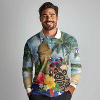Personalized Boricua El Morro Long Sleeve Polo Shirt Puerto Rico Sun Coqui - Wonder Print Shop