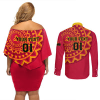 Angola Football Couples Matching Off Shoulder Short Dress and Long Sleeve Button Shirt Go Palancas Negras Red Version - Wonder Print Shop