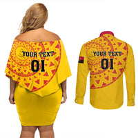 Angola Football Couples Matching Off Shoulder Short Dress and Long Sleeve Button Shirt Go Palancas Negras Yellow Version - Wonder Print Shop