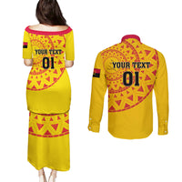 Angola Football Couples Matching Puletasi and Long Sleeve Button Shirt Go Palancas Negras Yellow Version - Wonder Print Shop