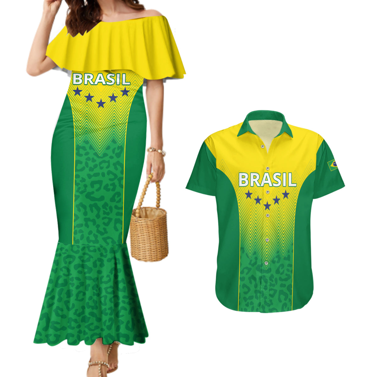 Personalized Brazil 2024 Couples Matching Mermaid Dress and Hawaiian Shirt Selecao Brasileira