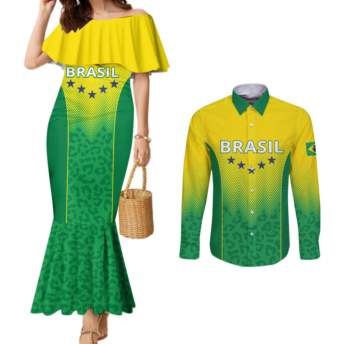 Personalized Brazil 2024 Couples Matching Mermaid Dress and Long Sleeve Button Shirt Selecao Brasileira