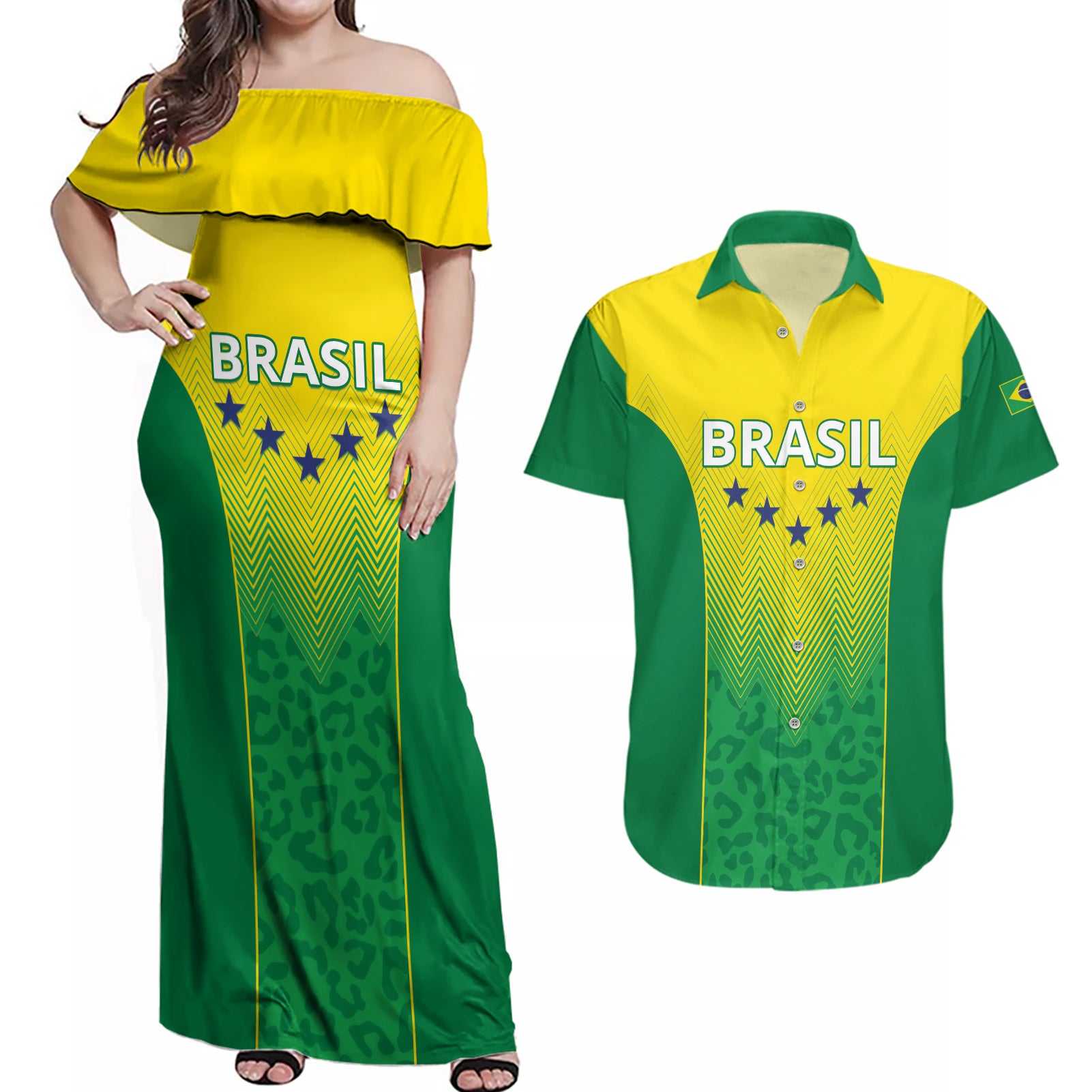 Personalized Brazil 2024 Couples Matching Off Shoulder Maxi Dress and Hawaiian Shirt Selecao Brasileira