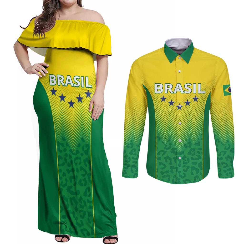 Personalized Brazil 2024 Couples Matching Off Shoulder Maxi Dress and Long Sleeve Button Shirt Selecao Brasileira