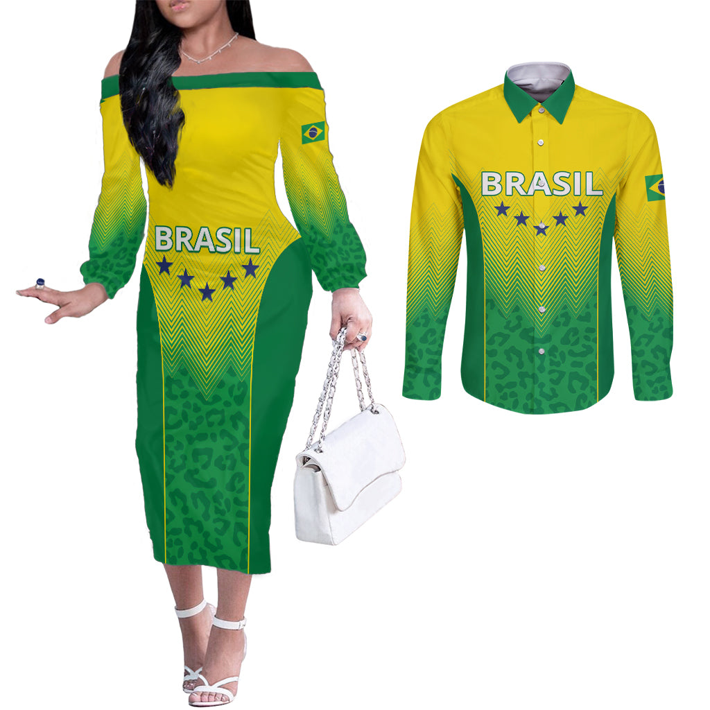 Personalized Brazil 2024 Couples Matching Off The Shoulder Long Sleeve Dress and Long Sleeve Button Shirt Selecao Brasileira