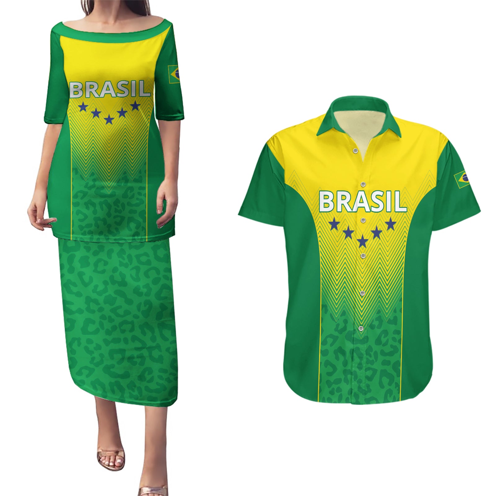 Personalized Brazil 2024 Couples Matching Puletasi and Hawaiian Shirt Selecao Brasileira