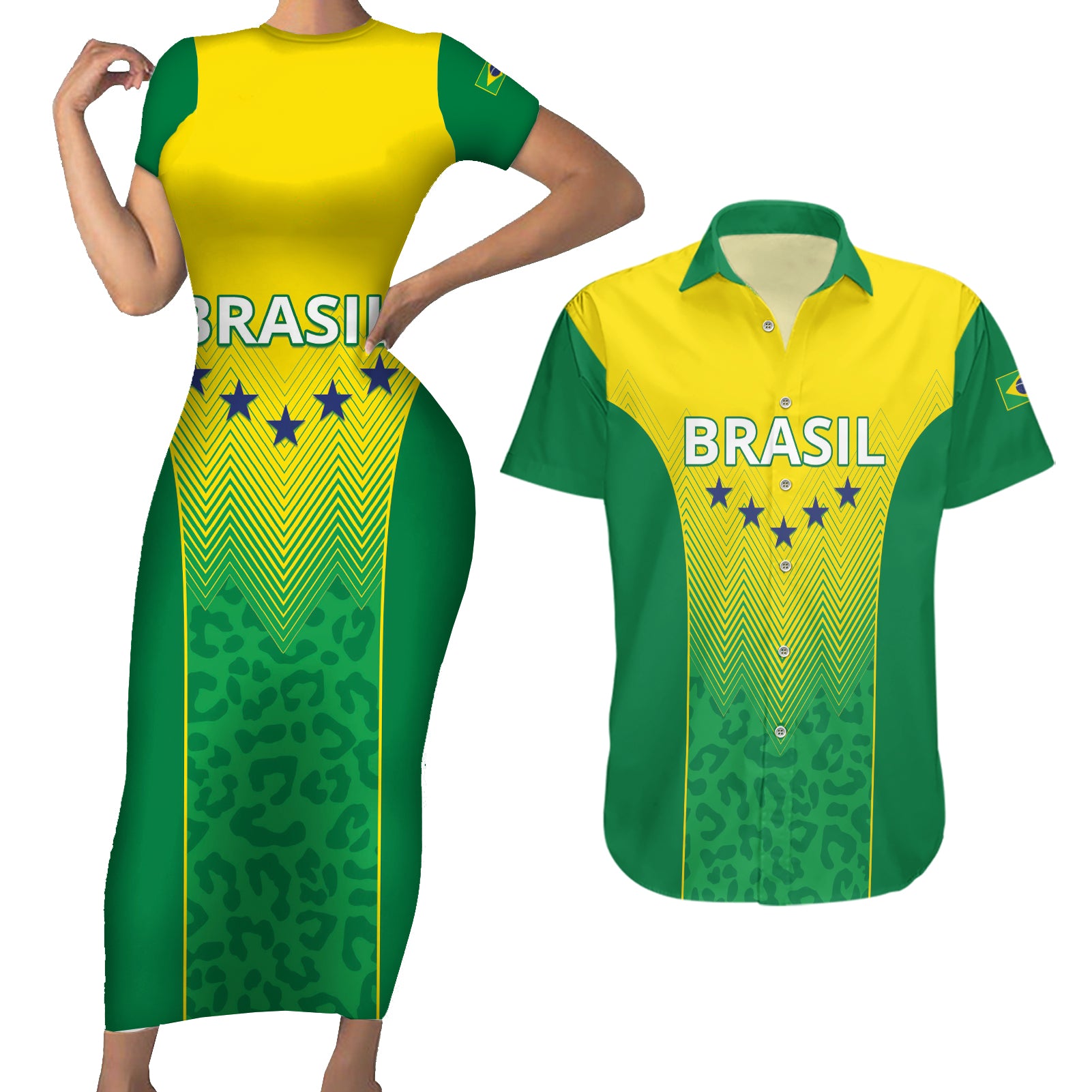 Personalized Brazil 2024 Couples Matching Short Sleeve Bodycon Dress and Hawaiian Shirt Selecao Brasileira