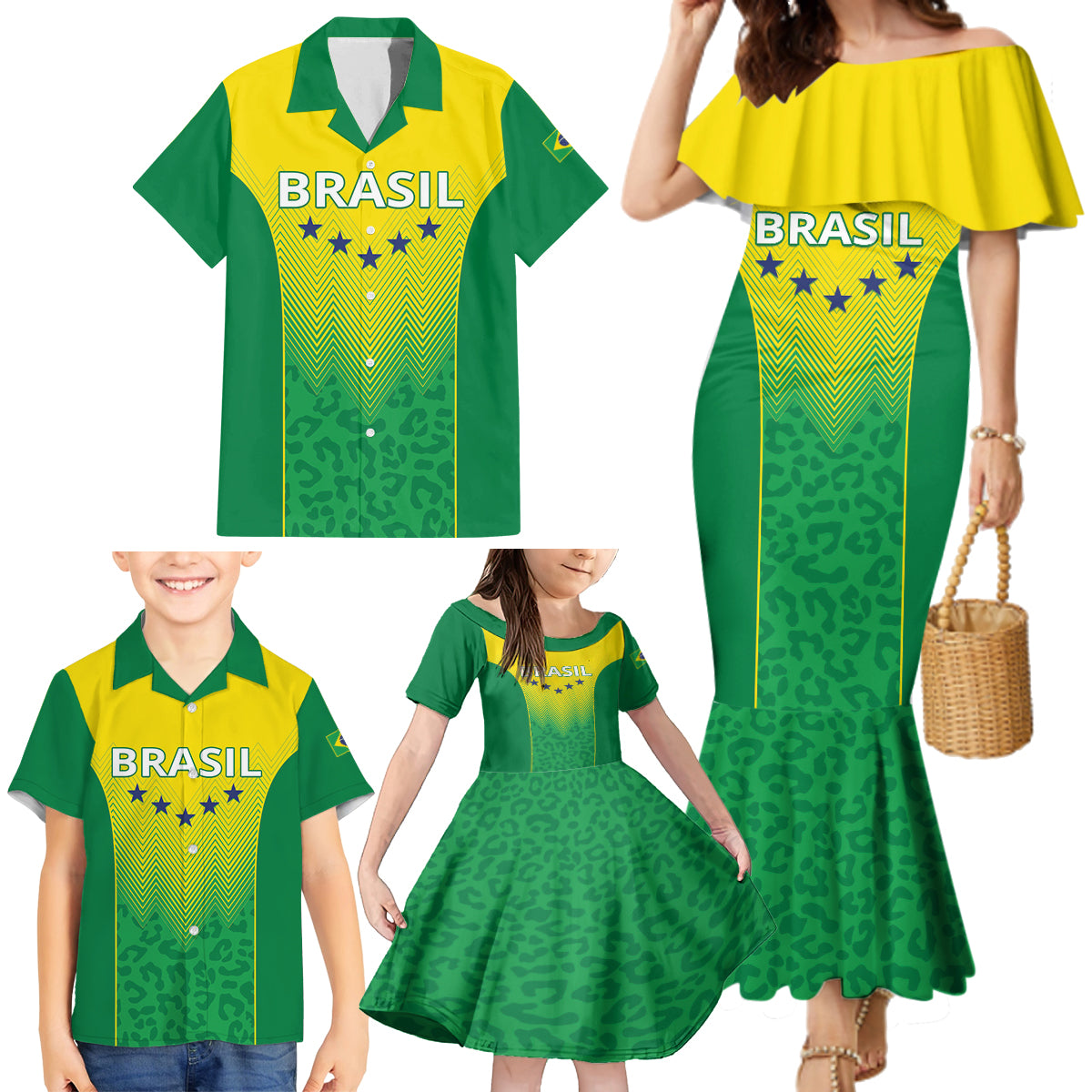 Personalized Brazil 2024 Family Matching Mermaid Dress and Hawaiian Shirt Selecao Brasileira