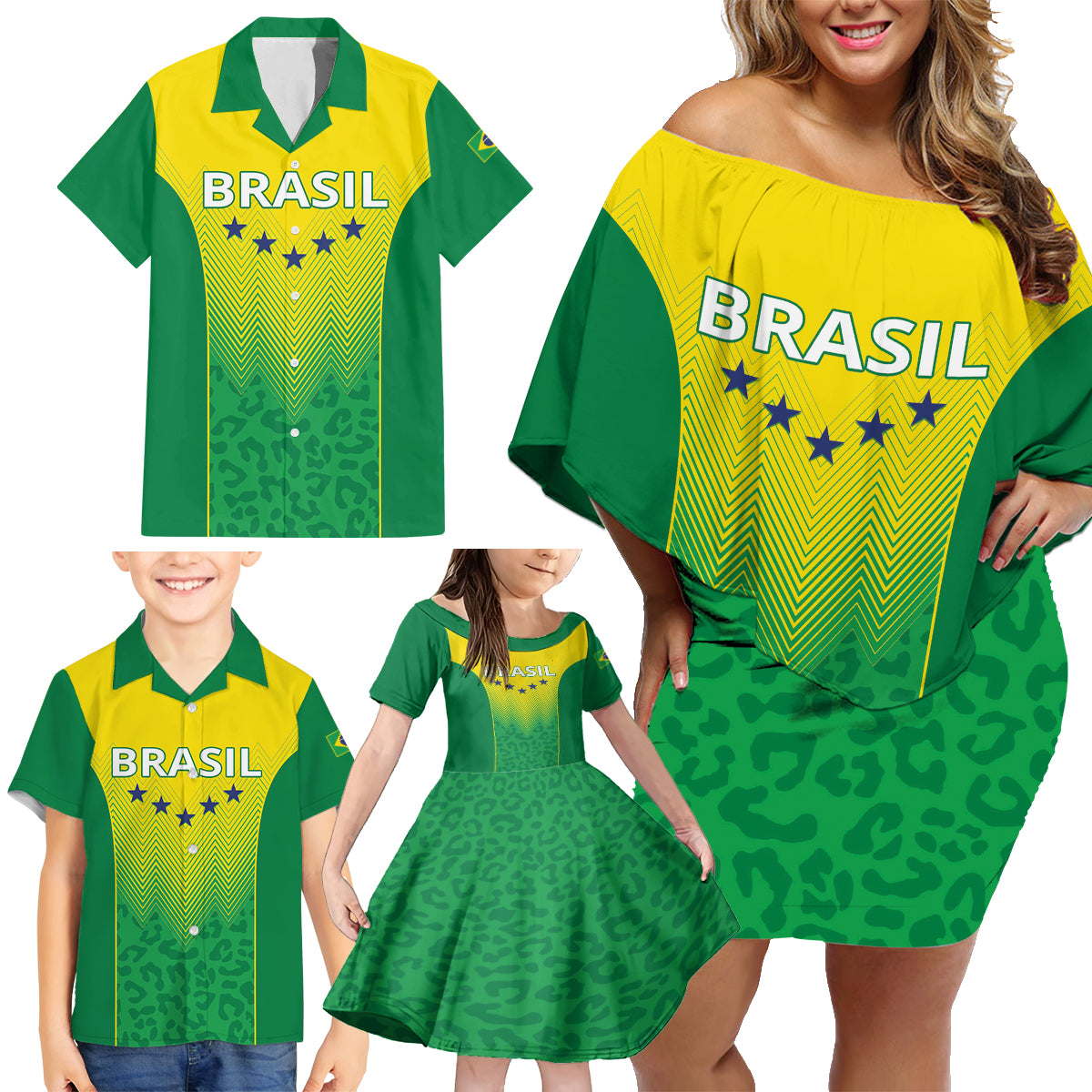Personalized Brazil 2024 Family Matching Off Shoulder Short Dress and Hawaiian Shirt Selecao Brasileira