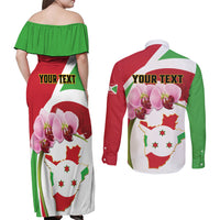 Personalized Burundi Independence Day Couples Matching Off Shoulder Maxi Dress and Long Sleeve Button Shirt Coat Of Arms Bujumbura Flower - Wonder Print Shop