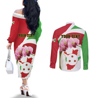 Personalized Burundi Independence Day Couples Matching Off The Shoulder Long Sleeve Dress and Long Sleeve Button Shirt Coat Of Arms Bujumbura Flower
