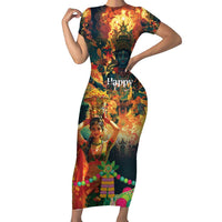 Bonalu Festival 2024 Short Sleeve Bodycon Dress Bonam Parikrama - Wonder Print Shop