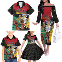 Personalized Guyana Emancipation Day Family Matching Off The Shoulder Long Sleeve Dress and Hawaiian Shirt Jaguar Skin Pattern - Wonder Print Shop
