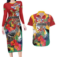 Personalized Guyana Canje Pheasant Couples Matching Long Sleeve Bodycon Dress and Hawaiian Shirt Tropical Flowers - Wonder Print Shop