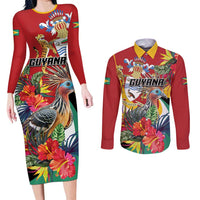 Personalized Guyana Canje Pheasant Couples Matching Long Sleeve Bodycon Dress and Long Sleeve Button Shirt Tropical Flowers - Wonder Print Shop
