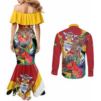 Personalized Guyana Canje Pheasant Couples Matching Mermaid Dress and Long Sleeve Button Shirt Tropical Flowers - Wonder Print Shop