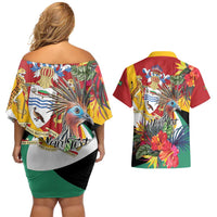 Personalized Guyana Canje Pheasant Couples Matching Off Shoulder Short Dress and Hawaiian Shirt Tropical Flowers - Wonder Print Shop