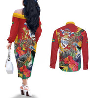 Personalized Guyana Canje Pheasant Couples Matching Off The Shoulder Long Sleeve Dress and Long Sleeve Button Shirt Tropical Flowers - Wonder Print Shop