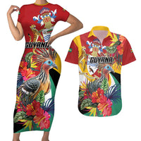 Personalized Guyana Canje Pheasant Couples Matching Short Sleeve Bodycon Dress and Hawaiian Shirt Tropical Flowers - Wonder Print Shop