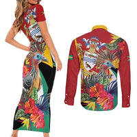 Personalized Guyana Canje Pheasant Couples Matching Short Sleeve Bodycon Dress and Long Sleeve Button Shirt Tropical Flowers - Wonder Print Shop