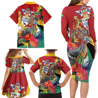 Personalized Guyana Canje Pheasant Family Matching Long Sleeve Bodycon Dress and Hawaiian Shirt Tropical Flowers - Wonder Print Shop