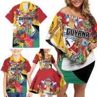 Personalized Guyana Canje Pheasant Family Matching Off Shoulder Short Dress and Hawaiian Shirt Tropical Flowers - Wonder Print Shop