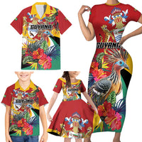 Personalized Guyana Canje Pheasant Family Matching Short Sleeve Bodycon Dress and Hawaiian Shirt Tropical Flowers - Wonder Print Shop