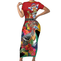 Personalized Guyana Canje Pheasant Short Sleeve Bodycon Dress Tropical Flowers - Wonder Print Shop