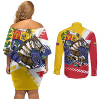 Personalized Venezuela White Horse Couples Matching Off Shoulder Short Dress and Long Sleeve Button Shirt Veneziola Flag Colors - Wonder Print Shop