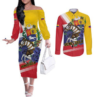 Personalized Venezuela White Horse Couples Matching Off The Shoulder Long Sleeve Dress and Long Sleeve Button Shirt Veneziola Flag Colors - Wonder Print Shop