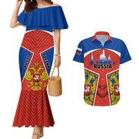 Couples mermaid dress & Hawaiian shirt set: blue off-shoulder ruffle dress + eagle shirt