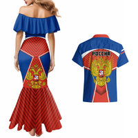 Couples matching mermaid dress and Hawaiian shirt with Russian eagle and crest