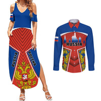 Blue maxi dress with red eagle graphic; blue long-sleeve button-up shirt