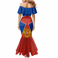 Women’s off-shoulder mermaid dress, blue ruffle shoulders and red chevron skirt