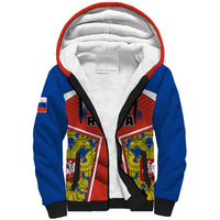 Unisex sherpa hoodie in blue with red/white eagle panel, black zipper, sherpa-lined hood