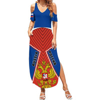 Women’s blue cold-shoulder maxi dress with red zigzag skirt, eagle crest, side slit