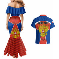 Off-shoulder mermaid dress and blue Hawaiian shirt, Russia coat of arms and 'YOUR TEXT'