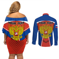 Personalised Russia Couples Matching Off Shoulder Short Dress and Long Sleeve Button Shirts Russian Eagle and Kremlin - Wonder Print Shop