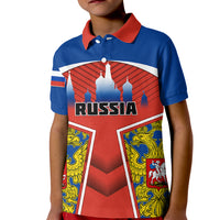 Kids blue polo shirt with red and yellow Russia front graphic and red collar