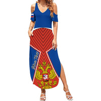Women’s blue cold-shoulder maxi dress with red graphic panel and side slit