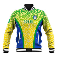 Leopard-pattern button-front jacket with Brazil crest, striped side panels, ribbed cuffs