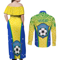 Back view matching yellow off-shoulder maxi dress and long-sleeve shirt with Brazil crest