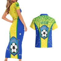 Yellow Brazil football bodycon dress with blue side panel, side view; green Hawaiian shirt