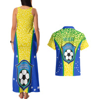 Yellow leopard-print tank maxi dress back with Brazil soccer graphic and matching hawaiian shirt
