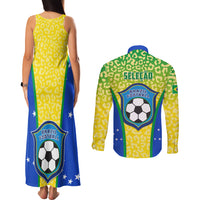 Back view matching Brazil football yellow leopard maxi tank dress and long-sleeve button shirt set