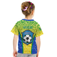 Kids Brazil football T-shirt, back print SELECAO with soccer ball and stars, leopard pattern