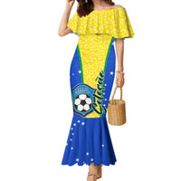 Yellow off-shoulder ruffle mermaid dress with leopard print and blue Brazil crest