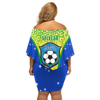 Off-shoulder short dress, back view: SELECAO and soccer-ball crest, blue star pattern