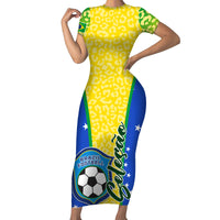 Yellow short-sleeve bodycon dress with leopard pattern, blue side panel and soccer graphic